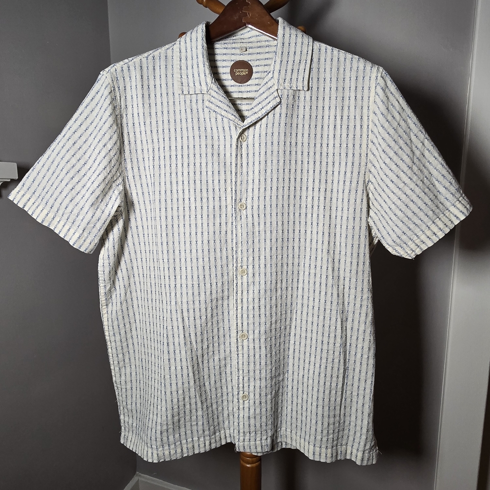 Common People Men's L Short Sleeve Button Shirt Blue & White Stripe New Linen
